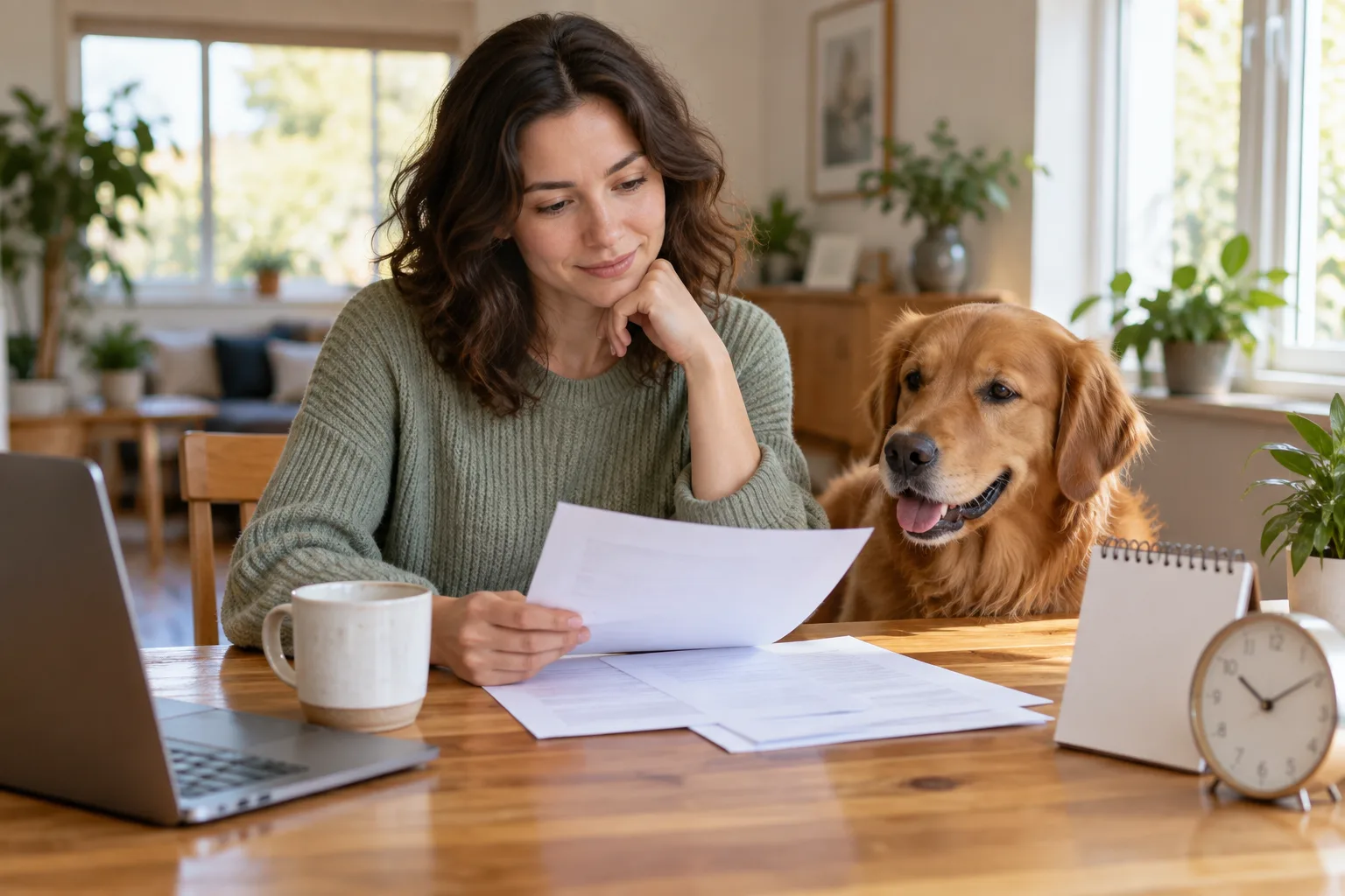 Owner looking through papers beside a dog at a table