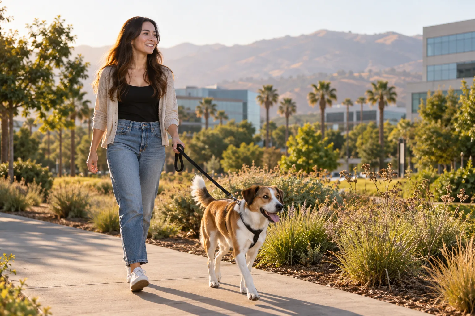 Owner walking a dog in a landscaped southwestern setting